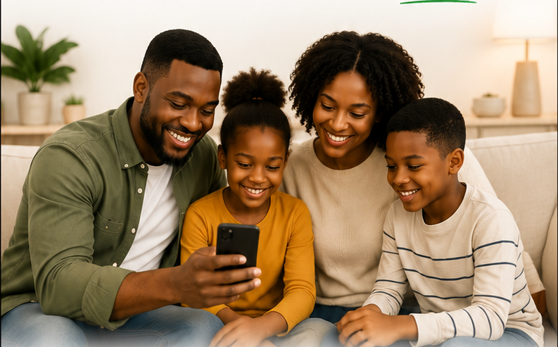 A family smiling together as they look at a tablet